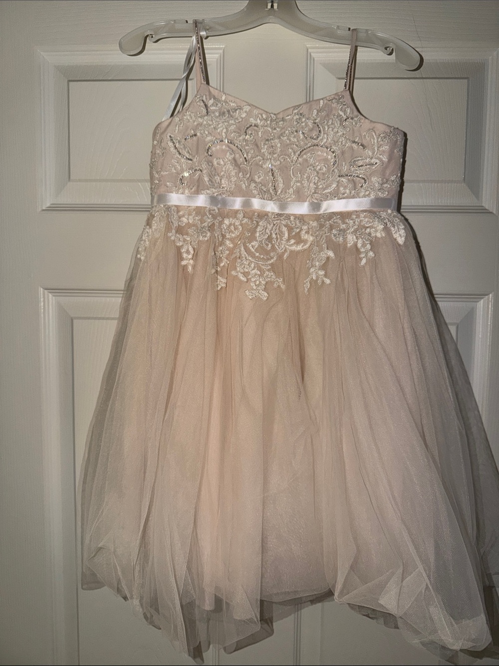 David's Bridal Blush Lace & Tulle Spaghetti Strap Dress